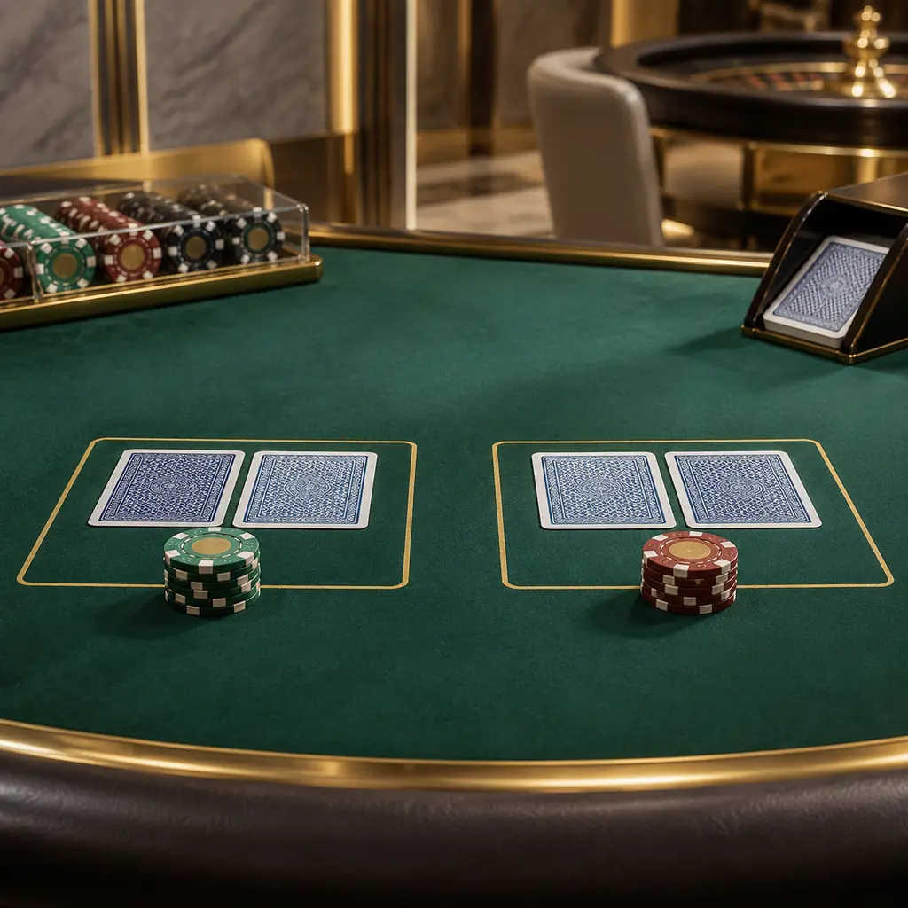 Kartu tertutup dan keping di meja baccarat