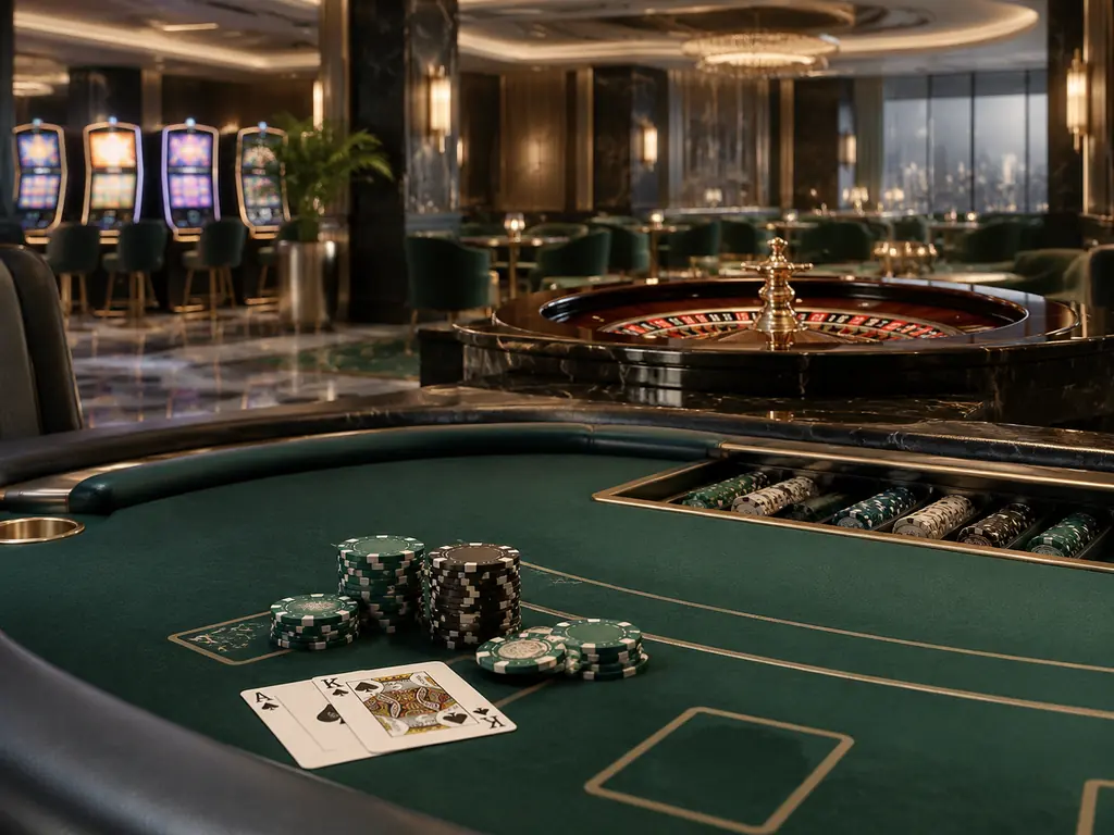 Meja kartu dan roda roulette di ruang kasino bernuansa hijau pinus