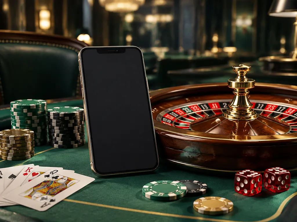 Ponsel di dekat roda roulette dan keping