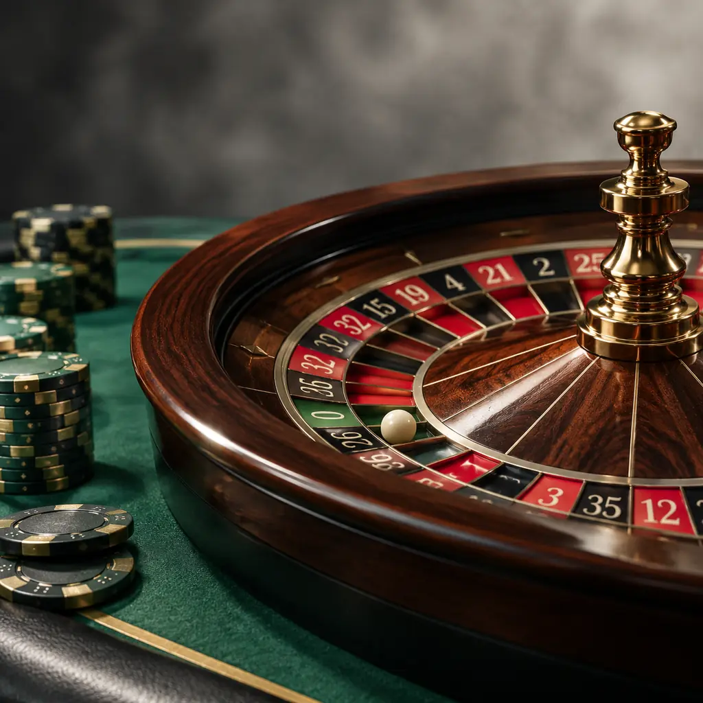 Roda roulette dengan bola dan keping di meja hijau