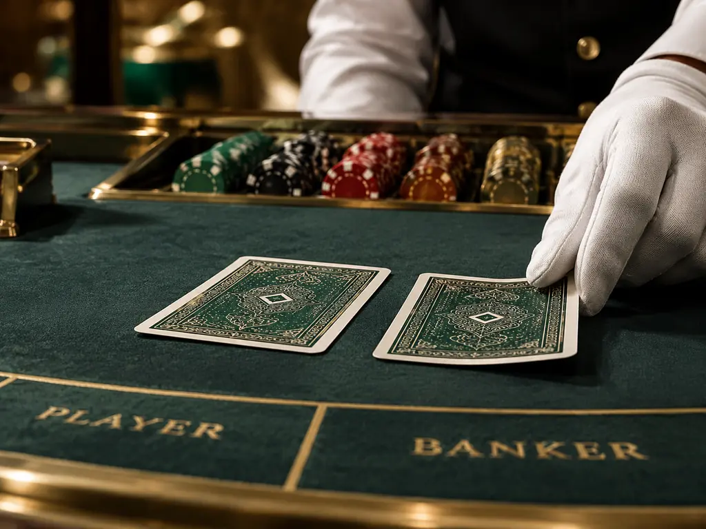 Sudut meja baccarat dengan kartu yang dibuka perlahan